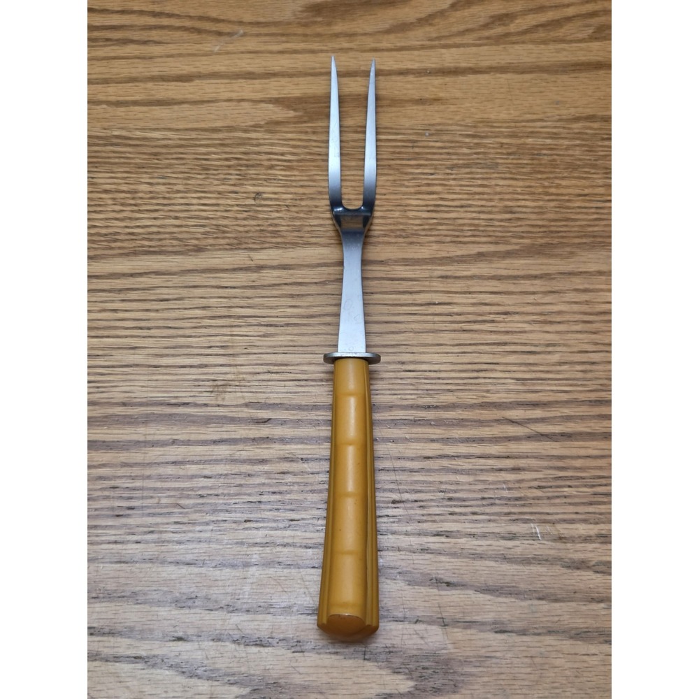 Vintage Geneva Stainless Meat Carving Fork Butterscotch Bakelite Curved Handle